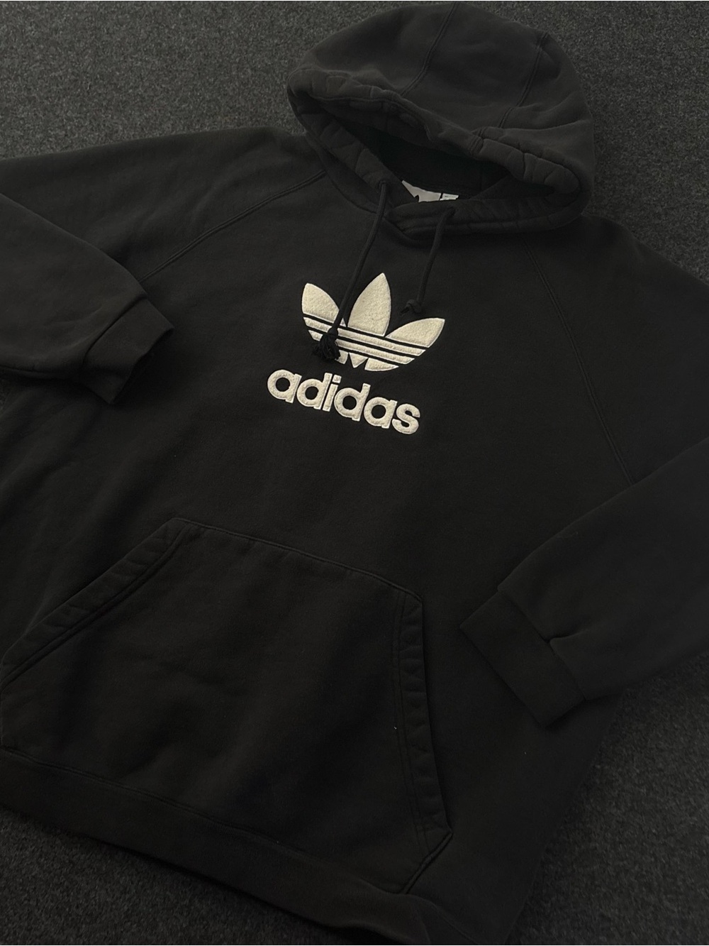 Adidas Mens XL Heavyduty Black Pullover Hoodie/Sweatshirt White Trefoil Logo Y2K